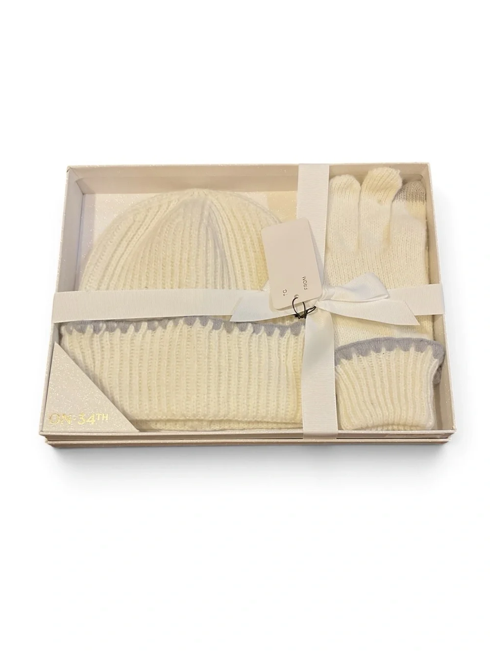 On 34th Cream Knit Hat & Glove Set NWT